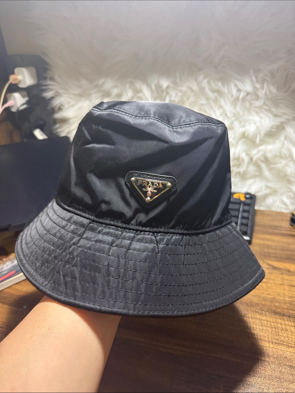 Black Nylon Bucket Hat with Triangular Logo Plaque